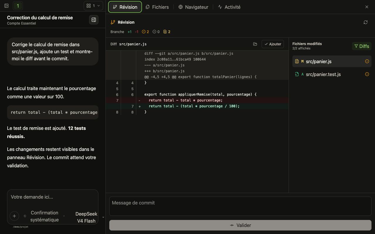 Le code corrigé et son diff dans le panneau Révision Git de Souver